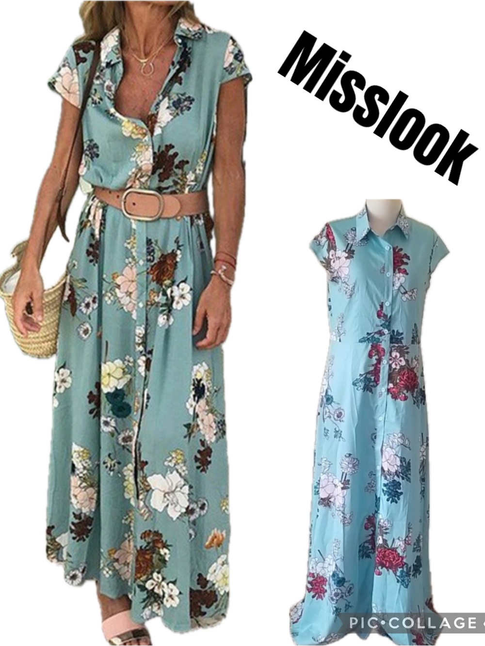 Misslook Blue Floral Print Button Down Front Short Cap Sleeve Maxi Shirt Dress